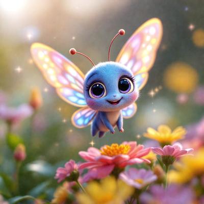 The primary subject of the image is a small, cute, and colorful butterfly. It is flying in the air, surrounded by a beautiful and vibrant flower garden. The setting is a lush, colorful field with a variety of flowers, creating a serene and picturesque environment. The visual style of the image is a combination of photo and digital art, giving it a unique and artistic appearance. The colors and mood of the image are predominantly bright and cheerful, with the butterfly and flowers creating a sense of joy and wonder.